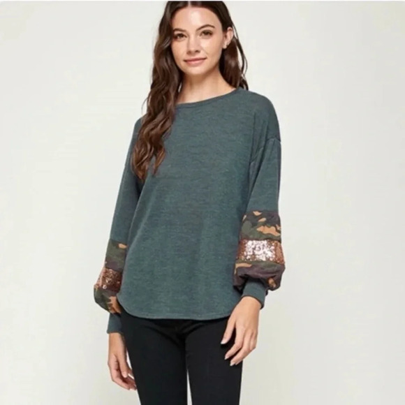 Dark Green Camo Sequin Sleeve Top | Long Sleeve Casual Blouse - Picture 2 of 3
